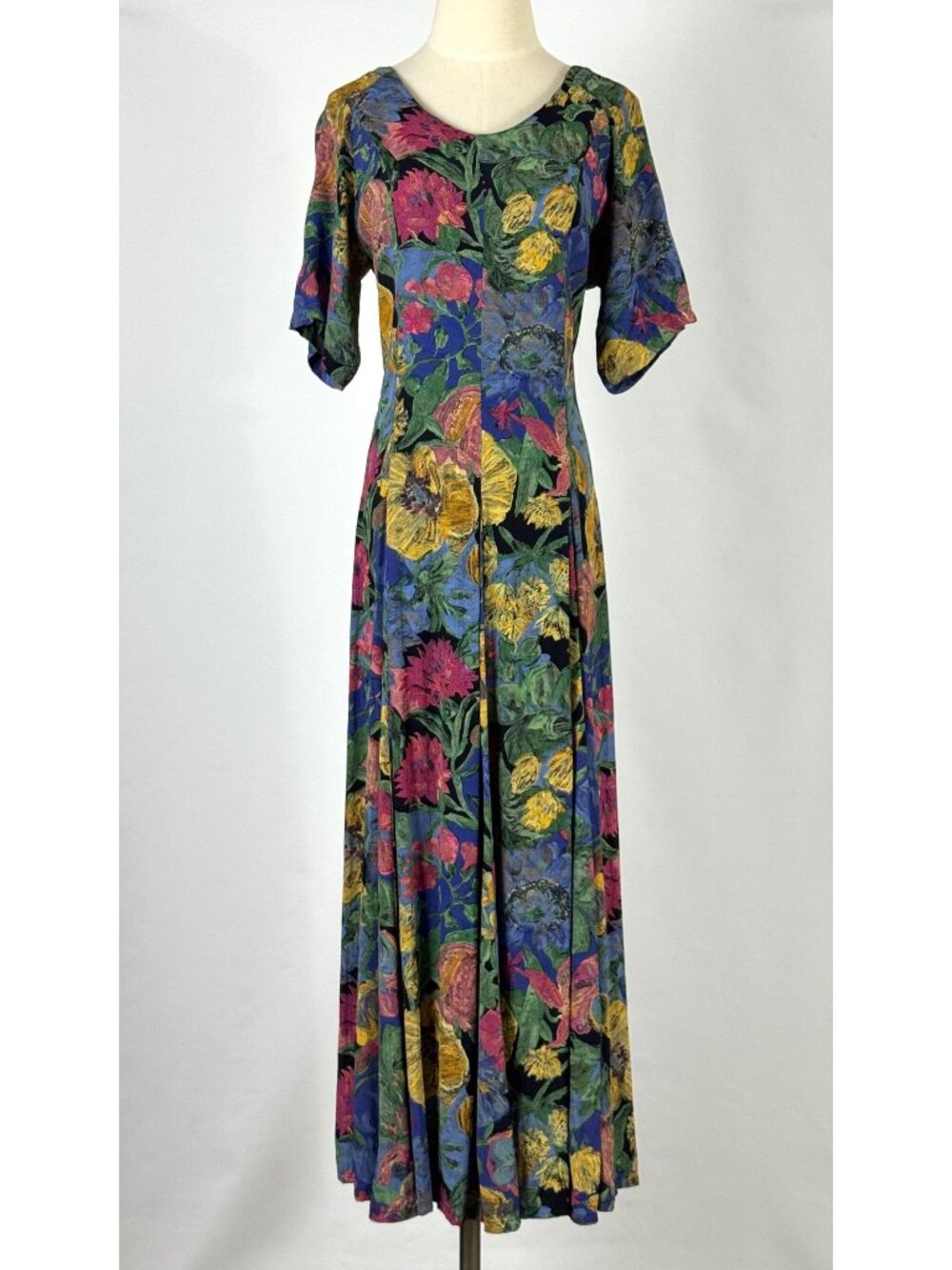 Vtg 90s Olive Painted Floral Maxi Dress Sz L Tie Back Rayon Pleated Artsy Whimsy - Picture 2 of 13